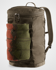 Olive green backpack with rolled-up fabric on a white background