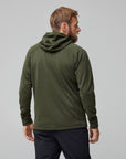 man wearing deep forest fleece jacket with hood