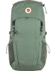 Green hiking backpack with a fjallraven logo on a white background