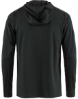 A black long-sleeved men's hooded sweater with thumbholes and a small logo on the chest.