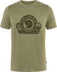 A short-sleeved gray t-shirt with a round logo on the chest that includes the text 'FJALLRAVEN' and graphics of a bear and trees.