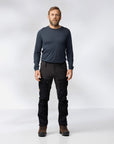man in navy winter long john with black trousers