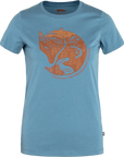 Blue t-shirt with a brown graphic design of arctic fox on a white background