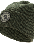 Green knit beanie with a Fjällräven logo on a white background
