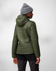 woman wearing deep forest padded puffer jacket with hood and grey beanie