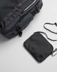 Black backpack and small black bag on a light gray background