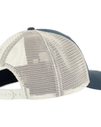 Trucker hat with mesh back and blue brim on a white background