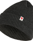 dark grey knitted beanie hat with Fjällräven logo