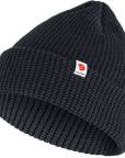 dark navy knitted beanie hat with Fjällräven logo