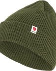 caper green knitted beanie hat with Fjällräven logo
