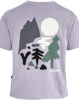 Gray t-shirt with nature-themed graphic on the back, featuring a bear, trees, and moon.