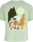 Light green t-shirt with a graphic design of a bear, trees, and moon on the back.