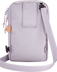 Light gray crossbody bag with a strap on a white background