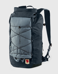 navy backpack with rolltop and bungee cord