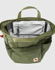 Green backpack totepack with red accents on a light gray background