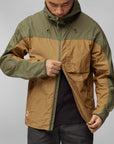 brown green windbreaker jacket with hood and opened zip