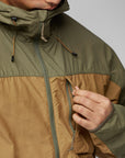 green brown windbreaker jacket with hood and zip pocket