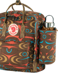 Brown patterned backpack with matching water bottle holder on a white background
