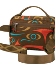 Brown bag with colorful abstract design on a white background