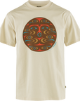 A white Kånken Art T-shirt featuring a circular indigenous design in the center, with a round neckline and short sleeves.