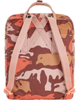 Camouflage-patterned backpack with pink straps on a white background
