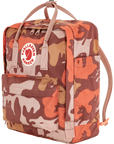 Camouflage-patterned backpack with Fjällräven Kånken logo on a white background