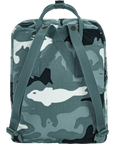 Camouflage-patterned backpack with a white fish design on a white background