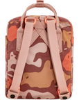 Camouflage-patterned backpack with pink straps on a white background