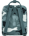 Camouflage-patterned backpack with visible brand logo on a white background