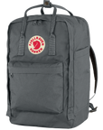 A gray Fjallraven Kånken Laptop 17" backpack with a front pocket, side pockets, and the Fjällräven logo on the top pocket.