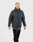 man wearing basalt padded winter jacket with hood and black pants