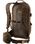 Brown backpack with multiple straps and a small attached pouch on a white background