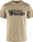 A beige short-sleeved men's t-shirt with 'Fjällräven' printed on the chest in a large, distressed font.