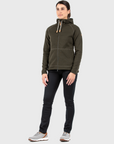woman wearing dark grey fleece jacket with hood and black pants