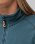 details of a navy fleece jacket