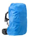 Blue rain cover on a backpack against a white background