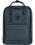 A gray Re-Kånken backpack made from recycled materials, featuring a large main compartment, two side pockets, a front zippered pocket, and an embroidered logo.