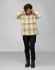 woman in chalk white-dune beige checkered shirt