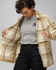 woman in chalk white-dune beige checkered shirt