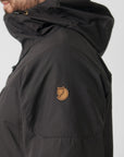 dark grey winter jacket with hood and arctic fox logo