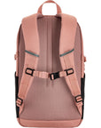Pink backpack with black straps on a white background
