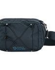 Black waist bag with visible Fjällräven logo on a white background