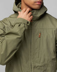 green windbreaker jacket with a hood