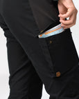 square pocket of black trousers