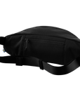 Black waist bag with a strap on a white background