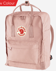 Pink backpack with Fjällräven Kånken logo on a white background