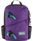 Purple backpack with black accents and green straps on a white background