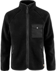 Black fleece jacket with a pocket on a white background