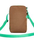 Brown rectangular bag with a green strap on a white background