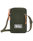 Green crossbody bag with orange accents and Fjällräven logo on a white background